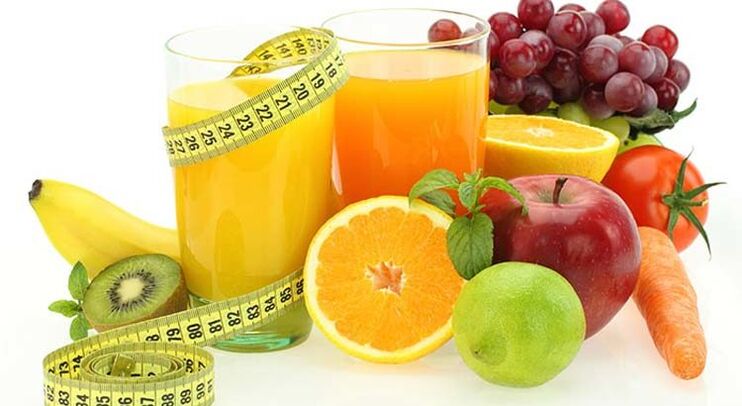 Froitas, verduras e zumes para a perda de peso na dieta Favorita. 